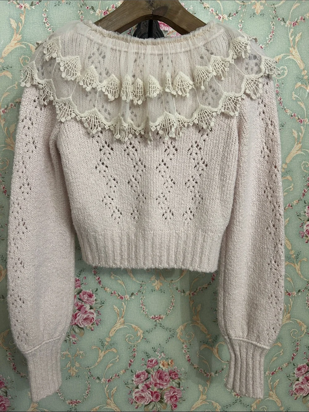 Free People baby pink sweater Victorian lace collar forest green ribbon size S